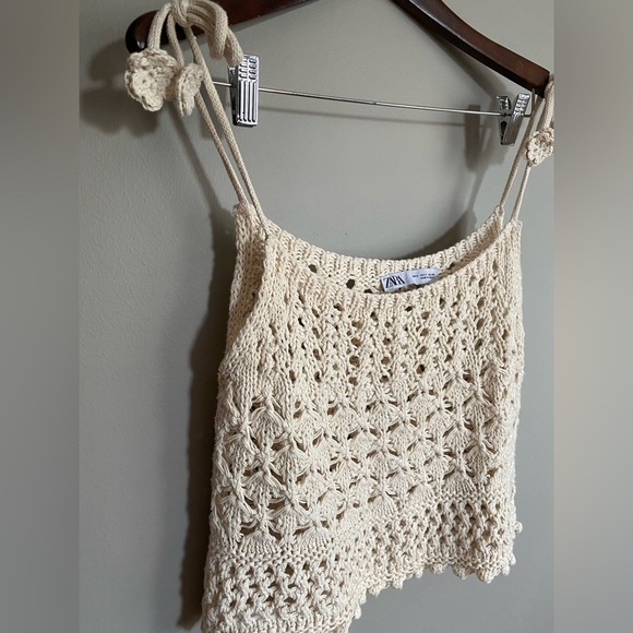 Zara Crochet Top 100% Cotton Flower Ties Size S - Picture 4 of 7